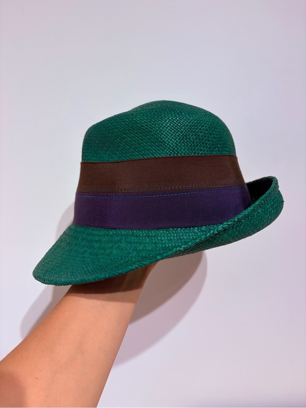 Lola Green Straw Fedora Cloche Bucket Hat with Brown and Navy Band S/M 22" - Picture 2 of 5